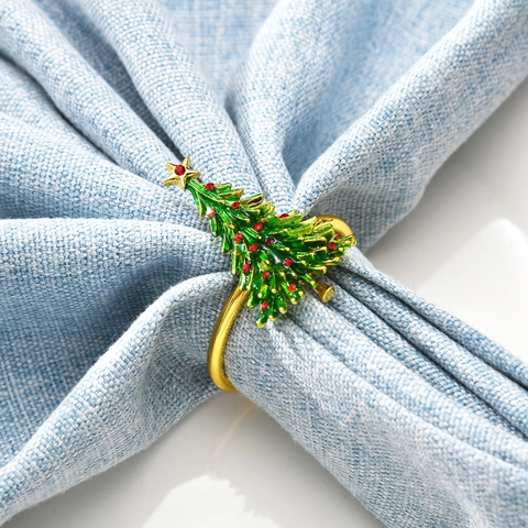 Christmas Tree Napkin Rings Alloy Enamel Rhinestone Star Top Holiday Table Decoration Festive Banquet Napkin Buckle Holder