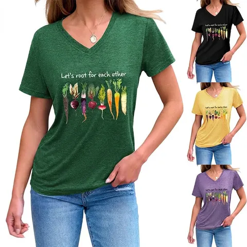 Women V Neck Short Sleeve T Shirt Cotton Loose Casual Vegetable Print Let's Root For Each Other Graphic Top
