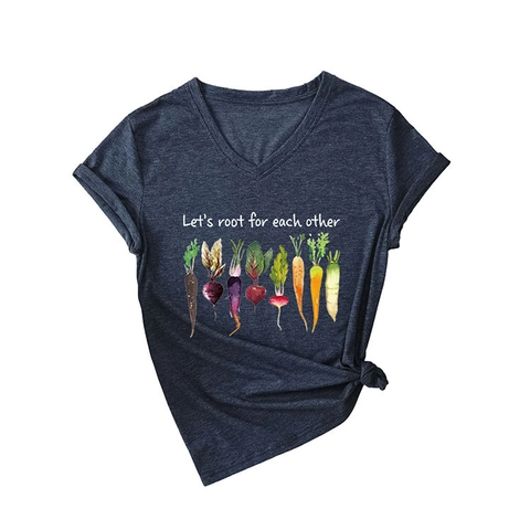 Women V Neck Short Sleeve T Shirt Cotton Loose Casual Vegetable Print Let's Root For Each Other Graphic Top