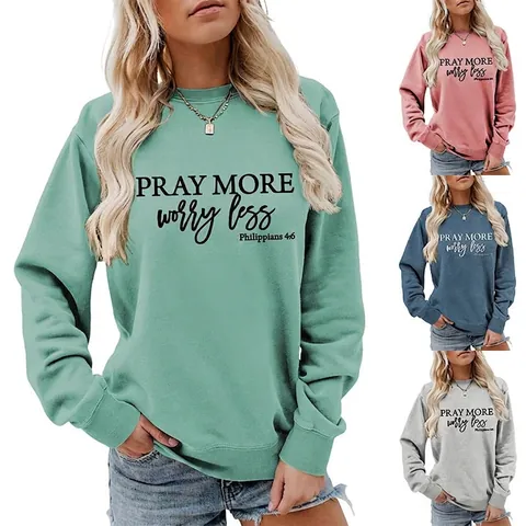 Sweat-shirt Femme Impression de Lettres Philippians Pray More Worry Less Col Rond Décontracté Manches Longues Pullover Automne
