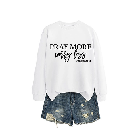 Sweat-shirt Femme Impression de Lettres Philippians Pray More Worry Less Col Rond Décontracté Manches Longues Pullover Automne