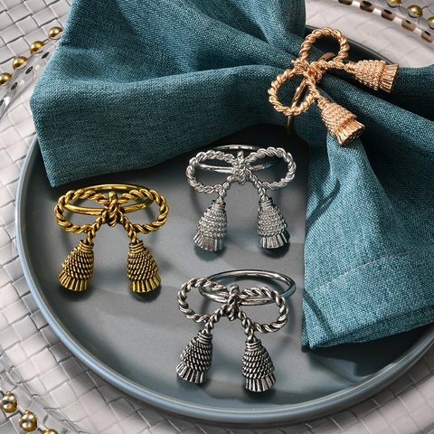 Vintage Metal Bowknot Napkin Rings With Tassels Zinc Alloy Electroplated Buckle For Wedding Banquet Table Decoration