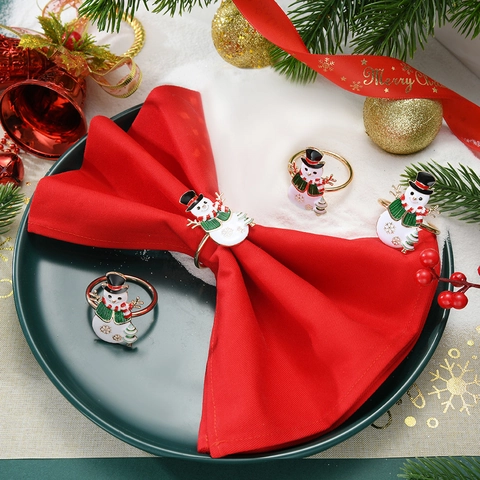 Christmas Snowman Napkin Rings Zinc Alloy Enamel Snowflake Xmas Tree Decorative Holder For Holiday Table Setting Banquet