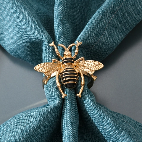 Gold Bee Napkin Rings Zinc Alloy Metal Insect Napkin Buckle Holder With Black Enamel For Wedding Banquet Table Decoration