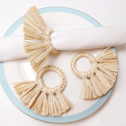 Handgeweven Raffia Servetringen Met Kwastjes Natuurlijke Papieren Touw Stro Servetring Voor Bruiloft Banket Tafeldecoratie Boheemse Stijl