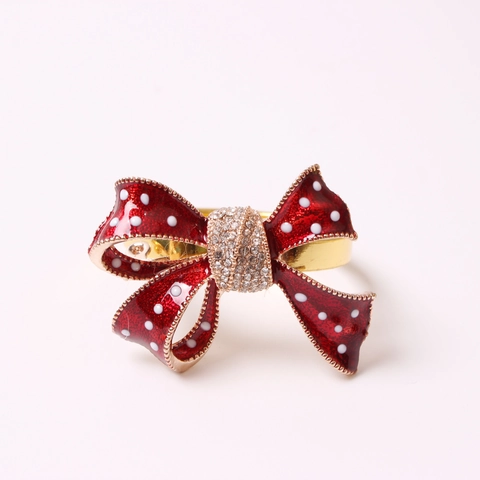 Rond De Serviette Noeud Papillon Métal Rouge Émail À Pois Strass Décoration De Table Noël Élégant Banquet Mariage Fête