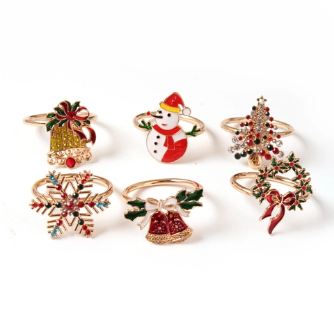 Christmas Napkin Rings Set Zinc Alloy Rhinestone Enamel Snowflake Christmas Tree Snowman Bell Wreath Table Decor For Party