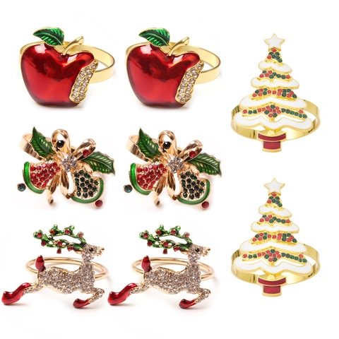 Portatovaglioli di Natale Oro Lega Smalto Strass Mela Renna Campana Albero di Natale Fibbia per Tovaglioli per Decorazione Tavola Festa