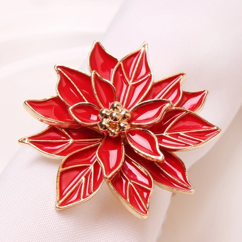 Red Enamel Poinsettia Napkin Rings Gold Plated Zinc Alloy Flower Napkin Holder For Christmas Wedding Banquet Table Decoration