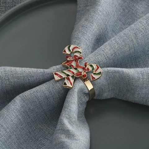 Christmas Napkin Rings Metal Candy Cane Red Bow Enamel Napkin Buckles Holiday Dining Table Decor Gold Silver Plated