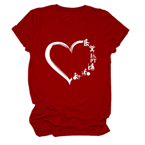 Women T-Shirt Round Neck Short Sleeve Cotton Blend Physiotherapy Heart PT Icon Print Casual Novelty Top