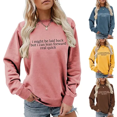 Felpa Donna Girocollo Manica Lunga Casual Vestibilità Comoda Misto Cotone Stampa Lettere Slogan Top Pullover Moda