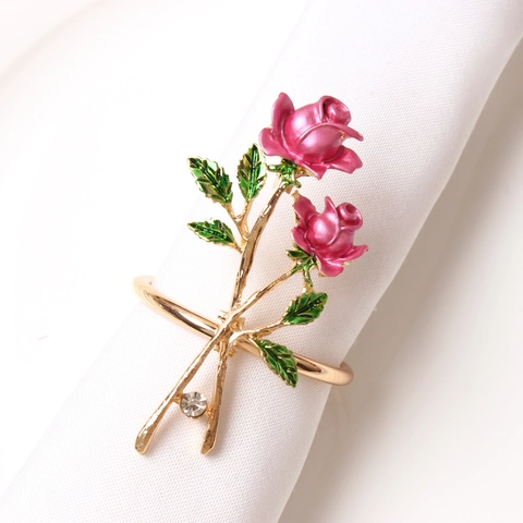 Rond De Serviette Fleur Rose Alliage Strass Émail Floral Décoration De Table Saint Valentin Mariage Hôtel