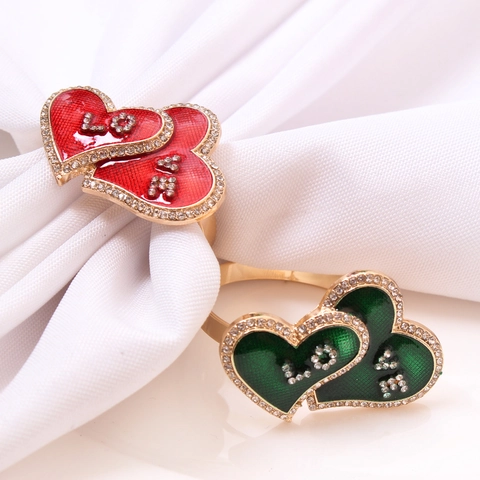 Metal Alloy Rhinestone Double Heart LOVE Napkin Ring Enamel Wedding Table Decoration Romantic Valentine's Day