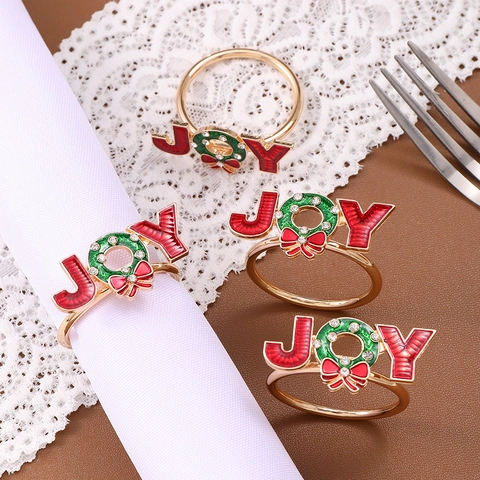 Christmas Napkin Ring JOY Letter Zinc Alloy Enamel Wreath With Rhinestone Holiday Table Decor