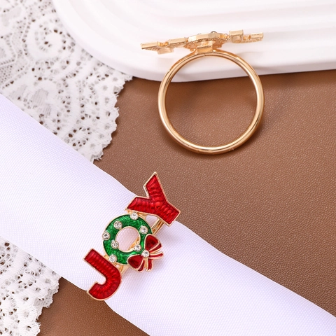 Christmas Napkin Ring JOY Letter Zinc Alloy Enamel Wreath With Rhinestone Holiday Table Decor