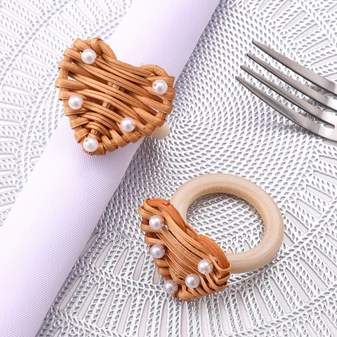 Heart Shaped Napkin Ring Rattan Woven With Faux Artificial Pearl And Wooden Base Handmade Rustic Table Decor Dinner Wedding