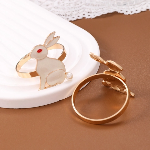 Easter Rabbit Napkin Rings Alloy White Enamel Bunny With Faux Artificial Pearl Table Decoration Festive Holiday Party Accessories