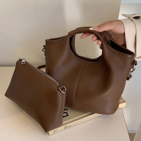 Borsa A Secchiello Da Donna E Pochette Pelle PU Motivo Litchi Borsa A Mano Tracolla Minimalista Retro Stile Elegante