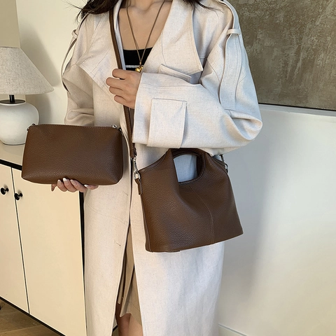 Borsa A Secchiello Da Donna E Pochette Pelle PU Motivo Litchi Borsa A Mano Tracolla Minimalista Retro Stile Elegante
