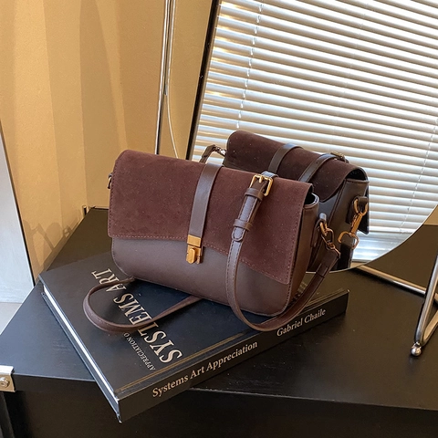 Vintage Women PU Leather Suede Patchwork Shoulder Bag Metal Buckle Square Crossbody Bag With Plush Ball Pendant For Commuting