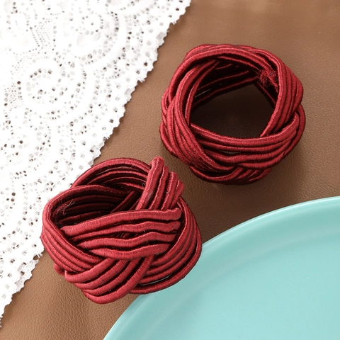 Wine Red Hand Woven Napkin Ring Polyester Cord Knotted Table Decoration For Hotel Wedding Banquet Party
