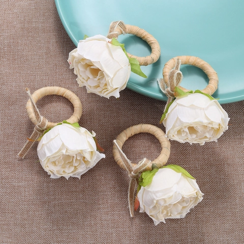 Rustic White Rose Napkin Ring Hand Woven Straw Napkin Holder With Artificial Flower For Wedding Valentine Table Decoration
