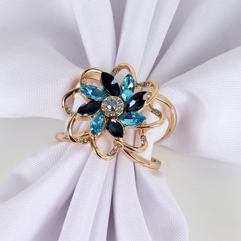 Rond de Serviette Fleur en Alliage de Cristal de Luxe Or Bleu Strass Porte-Serviette pour Table de Mariage Fête Décoration