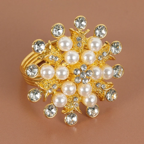 Rond De Serviette Fleur En Alliage Élégant Avec Fausse Künstliche Perle Et Strass Pour Décoration De Table De Mariage Doré