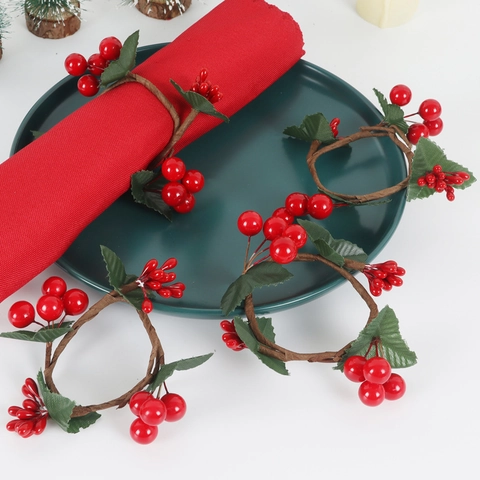 Christmas Napkin Rings Simulation Red Berries Green Leaves PVC Vine Hand Woven Festive Table Decor Dinner Decoration