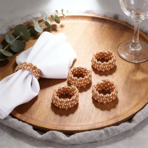 Elegant Napkin Rings Faux Artificial Pearl Rhinestone Buckles Woven Champagne Gold For Wedding Banquet Dinner Table Decorations