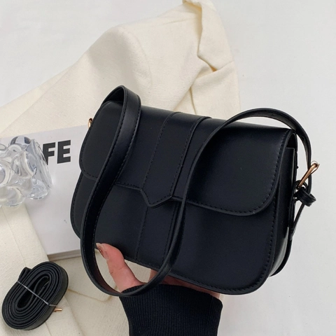 Bolso Bandolera con Solapa para Mujer Vintage Cuero Poliuretano Minimalista Color Sólido con Correa y Herrajes Dorados