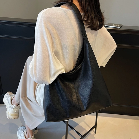 Women Large Capacity Tote Bag Soft PU Leather Lychee Pattern Minimalist Retro Single Shoulder Hobo Bag With Inner Pouch For Daily Commuting
