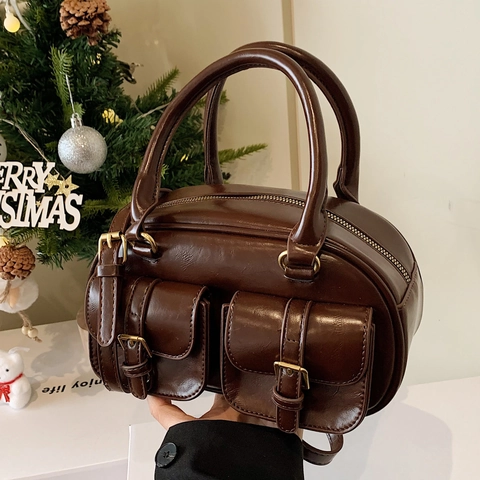 Borsa Bowling Vintage In Pelle PU Da Donna Con Doppie Tasche Anteriori Hardware Dorato Borsa A Mano Retrò Tracolla