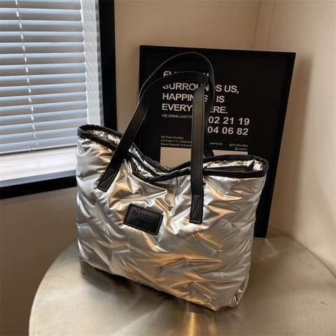 Gesteppte Puffer Tote Bag Metallic Glanz Baumwolle Große Kapazität Schultertasche Damen Lässig Winter Mode