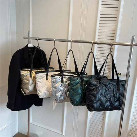 Gesteppte Puffer Tote Bag Metallic Glanz Baumwolle Große Kapazität Schultertasche Damen Lässig Winter Mode