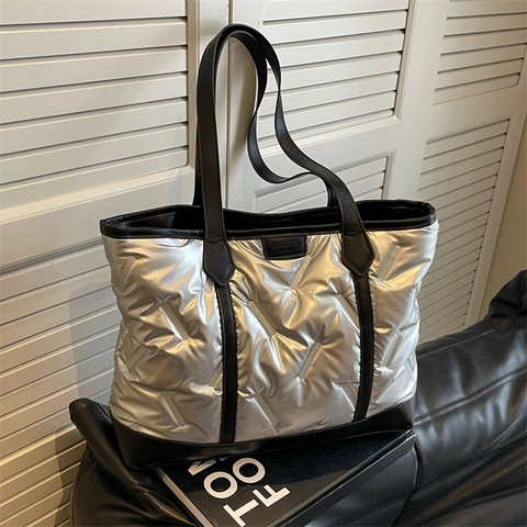 Bolso de Hombro Acolchado de Gran Capacidad para Mujer Bolso Tote Metálico Ligero para Invierno Casual Diario Trabajo