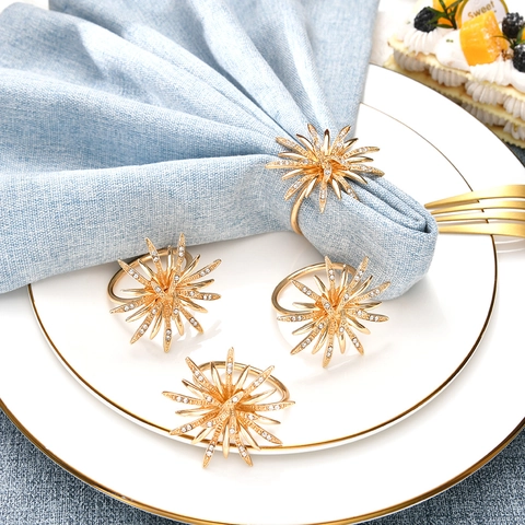 Luxury Gold Firework Napkin Rings Zinc Alloy With Rhinestones For Wedding Hotel Elegant Table Decoration Shiny
