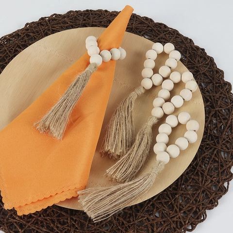 Wood Bead Napkin Rings With Natural Hemp Rope Tassel Bohemian Rustic Table Decor Wedding Hotel Home Dining