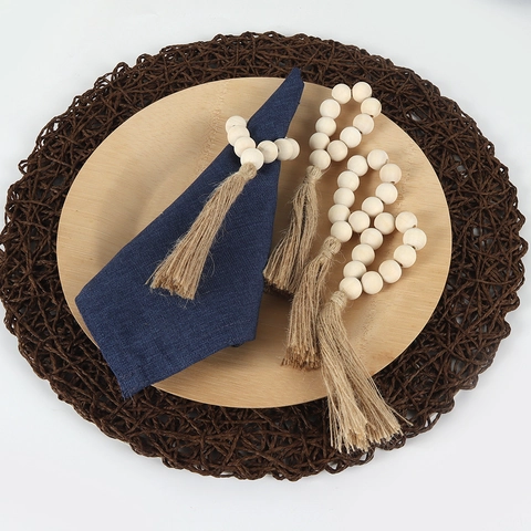 Wood Bead Napkin Rings With Natural Hemp Rope Tassel Bohemian Rustic Table Decor Wedding Hotel Home Dining