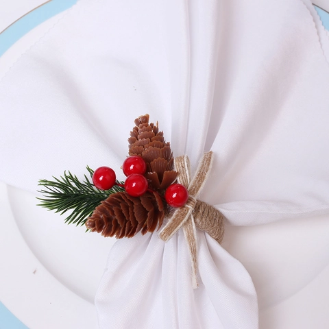Christmas Napkin Rings Pine Cone Red Berries Pine Needle Jute Bow Rustic Holiday Dining Table Decoration Buckles Festive