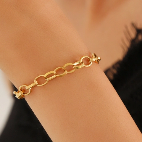 Textured Oval Link Chain Bracelet Stainless Steel Minimalist Geometric Adjustable Jewelry For Women Men Cool Style