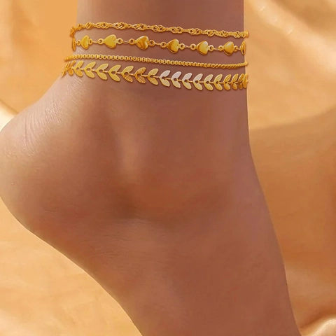 Fusskettchen Edelstahl Herz Anhaenger Weizenblatt Twistkette Boxkette Mehrlagiger Strand Schmuck Damen