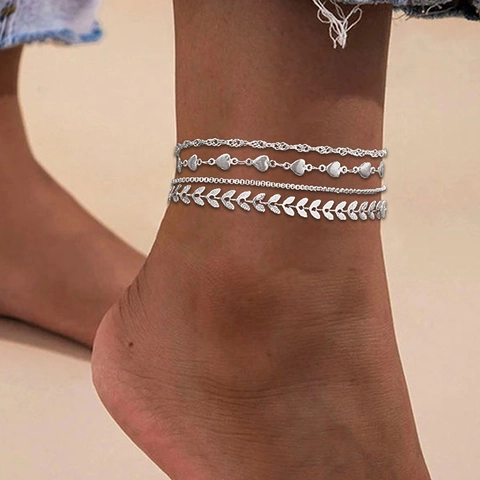 Fusskettchen Edelstahl Herz Anhaenger Weizenblatt Twistkette Boxkette Mehrlagiger Strand Schmuck Damen