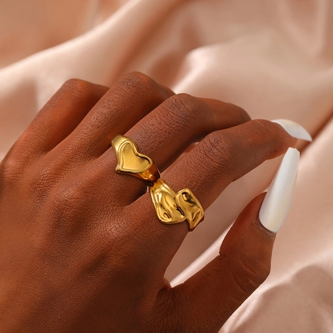 Fashion Minimalist Stainless Steel Gold Plated Heart Irregular Adjustable Open Rings Set For Women Trendy Jewelry Gift