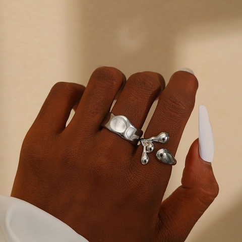 Unregelmäßiger Lava Wassertropfen Offener Ring Edelstahl Verstellbar Minimalistischer Strukturierter Metallschmuck Für Frauen