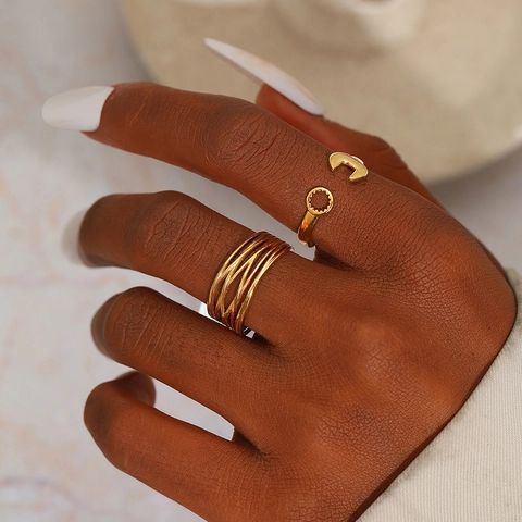 Adjustable Open Ring Stainless Steel Geometric Crisscross Multi Layer Industrial Wrench Punk Hip Hop Jewelry For Women Men