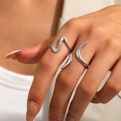 Stainless Steel Wave Ring For Women Vintage Minimalist Adjustable Wide Surface Open Finger Ring Geometric Fashion Accessory