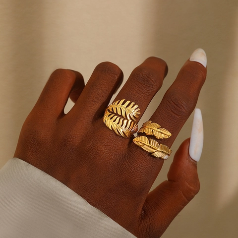 Stainless Steel Leaf Feather Adjustable Open Rings For Women Men Non Fading Minimalist Exaggerated Fashion Jewelry