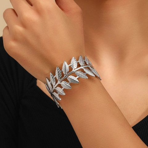 Roestvrijstalen Open Armband Met Blad Griekse Romeinse Stijl Olijftak Verstelbare Bangle Sieraden Voor Dames